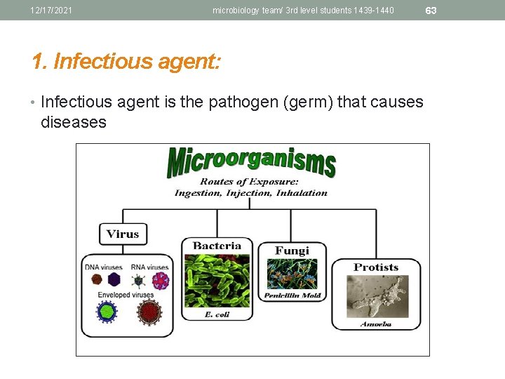 12/17/2021 microbiology team/ 3 rd level students 1439 -1440 1. Infectious agent: • Infectious