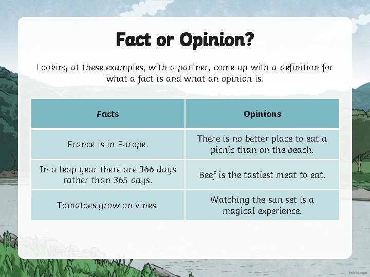 Fact or Opinion? Looking at these examples, with a partner, come up with a