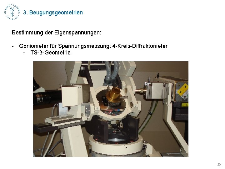 3. Beugungsgeometrien Bestimmung der Eigenspannungen: - Goniometer für Spannungsmessung: 4 -Kreis-Diffraktometer - TS-3 -Geometrie