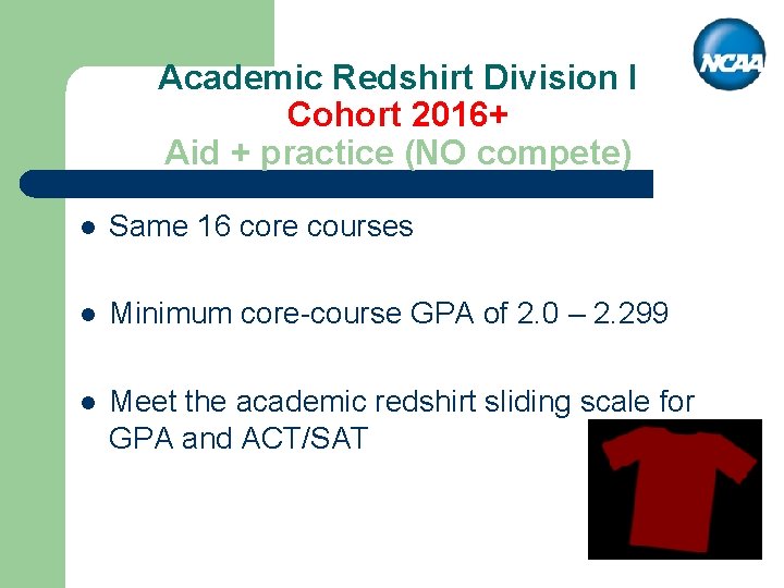 Academic Redshirt Division I Cohort 2016+ Aid + practice (NO compete) l Same 16