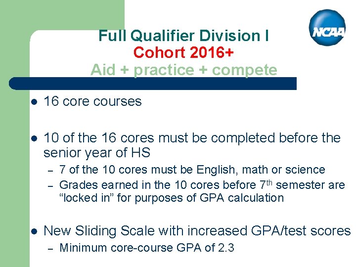 Full Qualifier Division I Cohort 2016+ Aid + practice + compete l 16 core