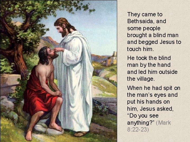 They came to Bethsaida, and some people brought a blind man and begged Jesus