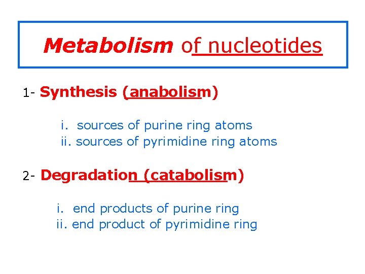 Metabolism of nucleotides 1 - Synthesis (anabolism) i. sources of purine ring atoms ii.