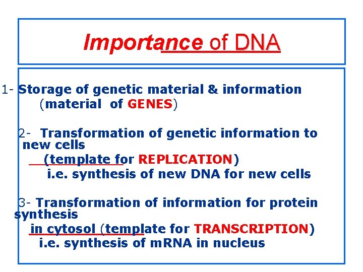 Importance of DNA 1 - Storage of genetic material & information (material of GENES)