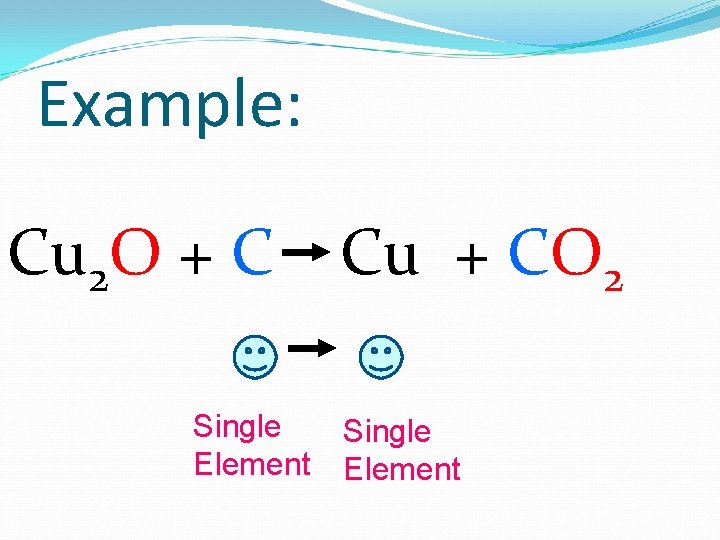 Example: Cu 2 O + C Single Element Cu + CO 2 Single Element