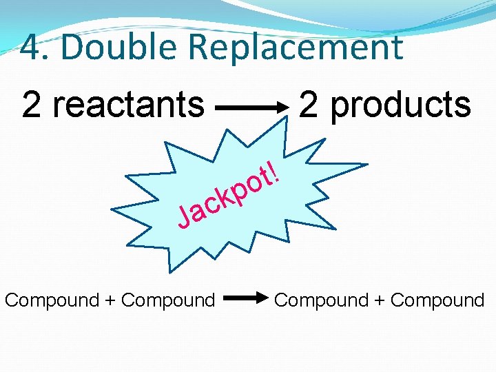 4. Double Replacement 2 reactants 2 products ! t o p ck Ja Compound