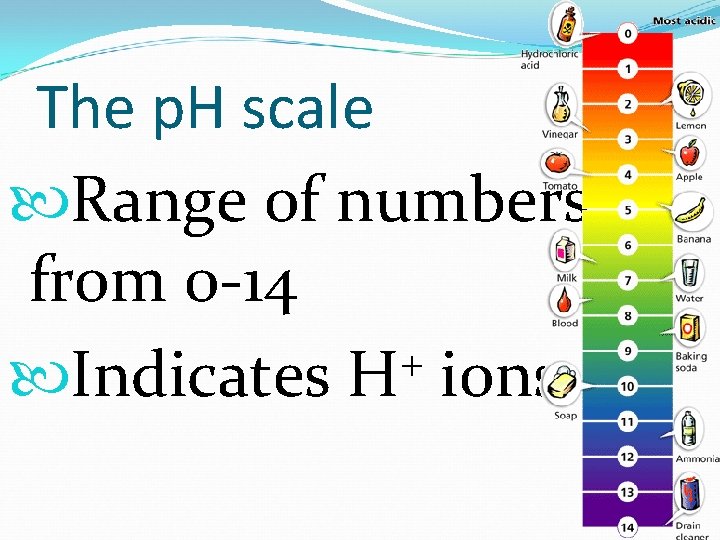 The p. H scale Range of numbers from 0 -14 + Indicates H ions