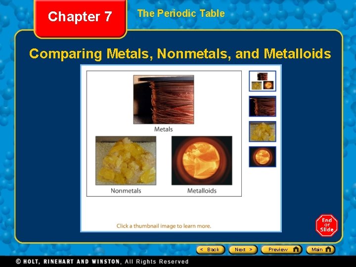 Chapter 7 The Periodic Table Comparing Metals, Nonmetals, and Metalloids < Back Next >