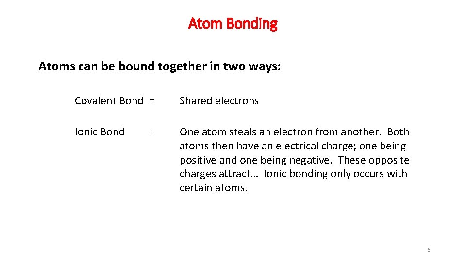 Atom Bonding Atoms can be bound together in two ways: Covalent Bond = Shared