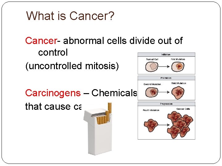 What is Cancer? Cancer- abnormal cells divide out of control (uncontrolled mitosis) Carcinogens –