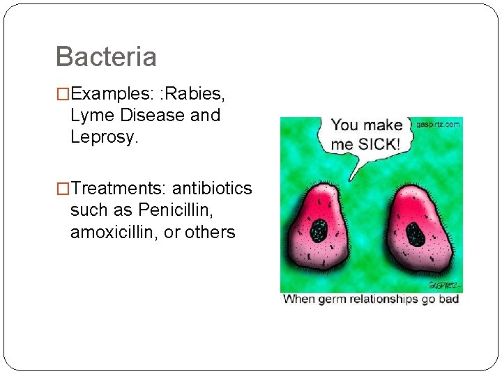 Bacteria �Examples: : Rabies, Lyme Disease and Leprosy. �Treatments: antibiotics such as Penicillin, amoxicillin,