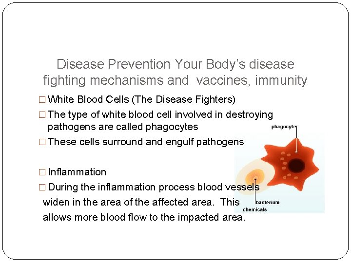 Disease Prevention Your Body’s disease fighting mechanisms and vaccines, immunity � White Blood Cells