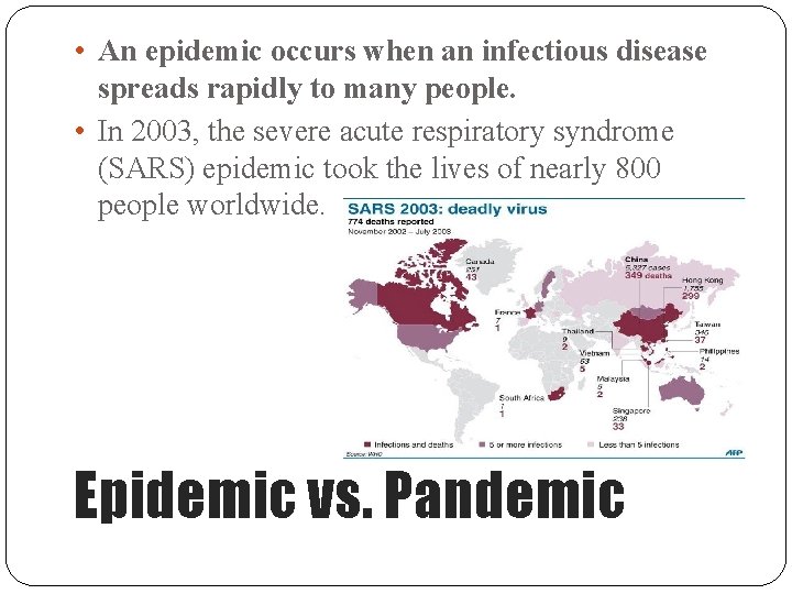  • An epidemic occurs when an infectious disease spreads rapidly to many people.