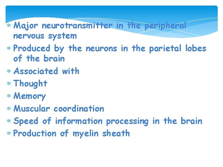  Major neurotransmitter in the peripheral nervous system Produced by the neurons in the