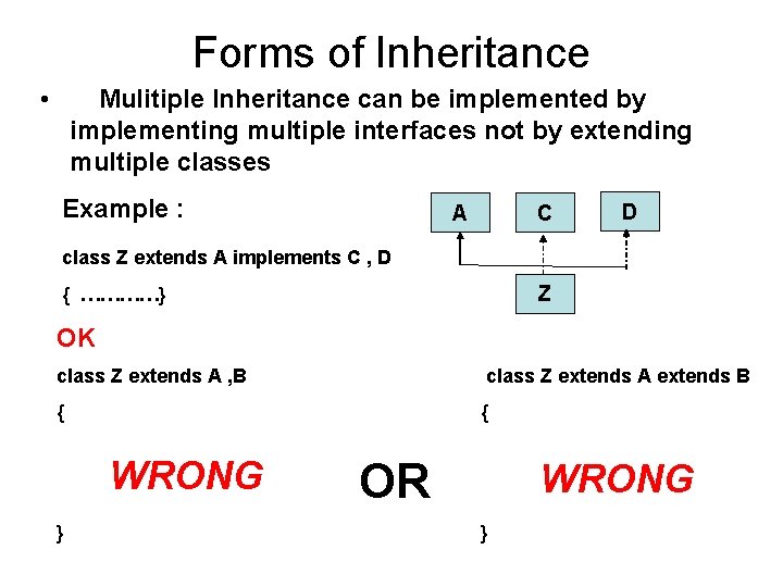 Forms of Inheritance • Mulitiple Inheritance can be implemented by implementing multiple interfaces not