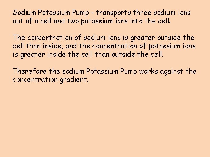 Sodium Potassium Pump – transports three sodium ions out of a cell and two