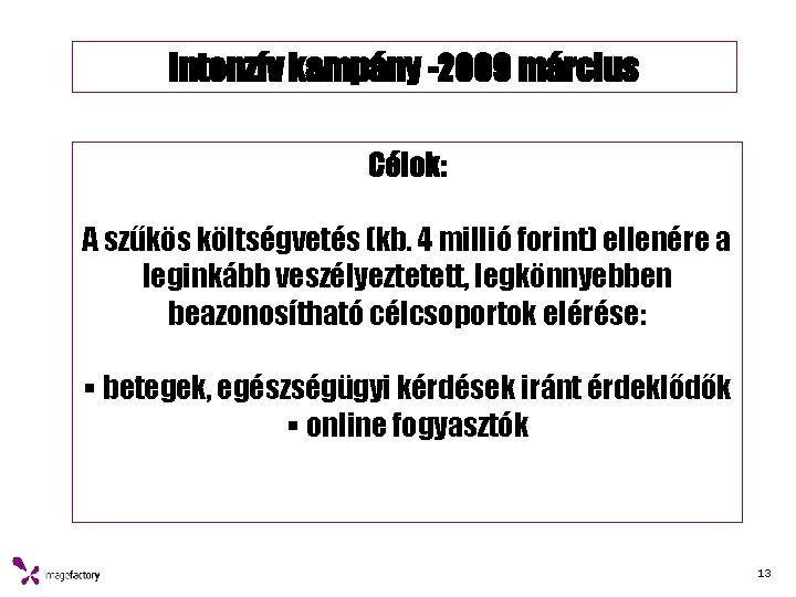 Intenzív kampány -2009 március Célok: A szűkös költségvetés (kb. 4 millió forint) ellenére a