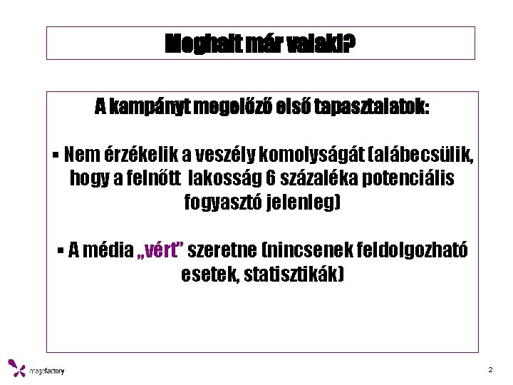 Meghalt már valaki? A kampányt megelőző első tapasztalatok: § Nem érzékelik a veszély komolyságát