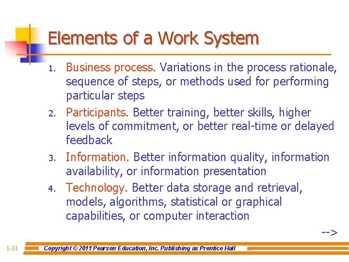 Elements of a Work System 1. 2. 3. 4. 1 -31 Business process. Variations