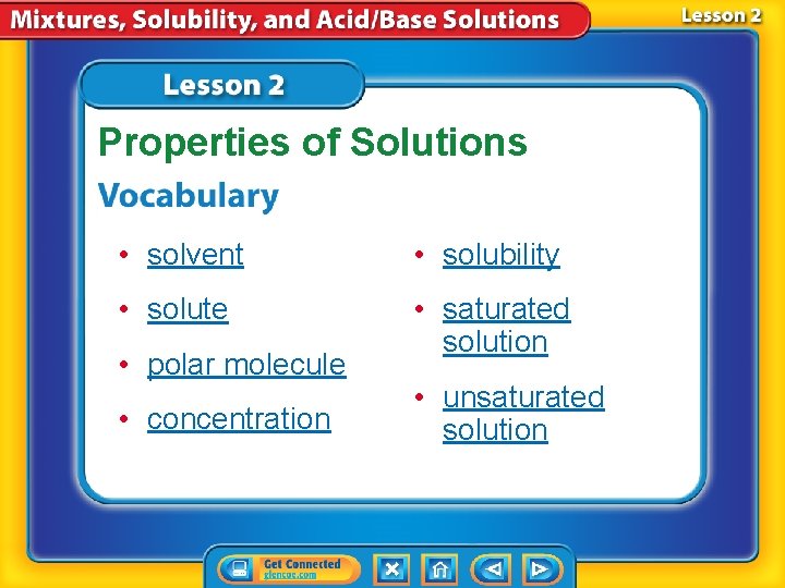 Properties of Solutions • solvent • solubility • solute • saturated solution • polar