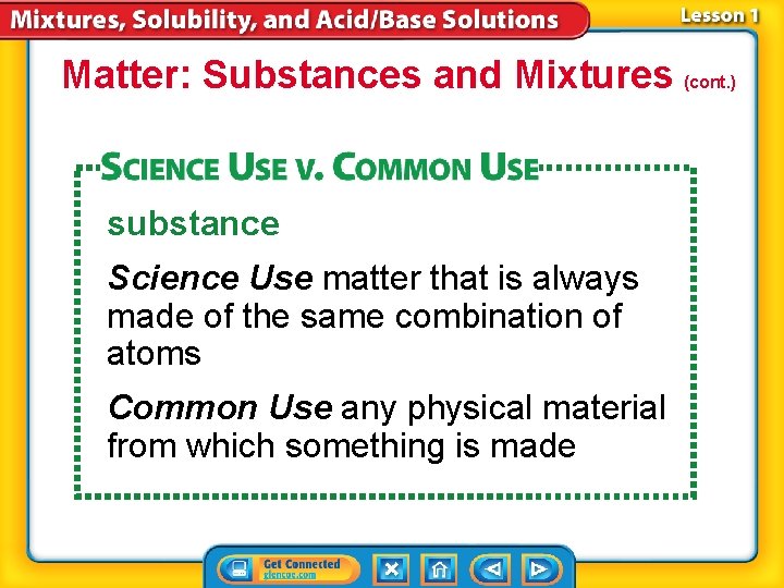 Matter: Substances and Mixtures (cont. ) substance Science Use matter that is always made