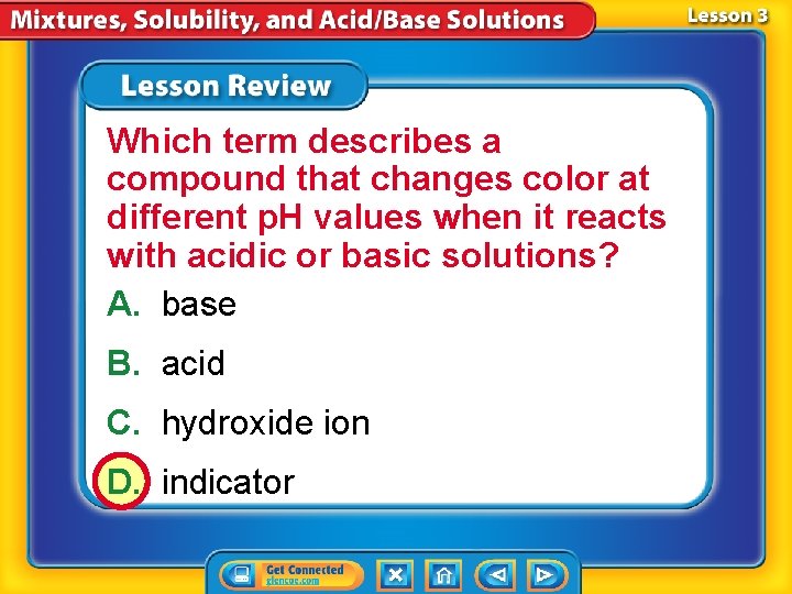 Which term describes a compound that changes color at different p. H values when