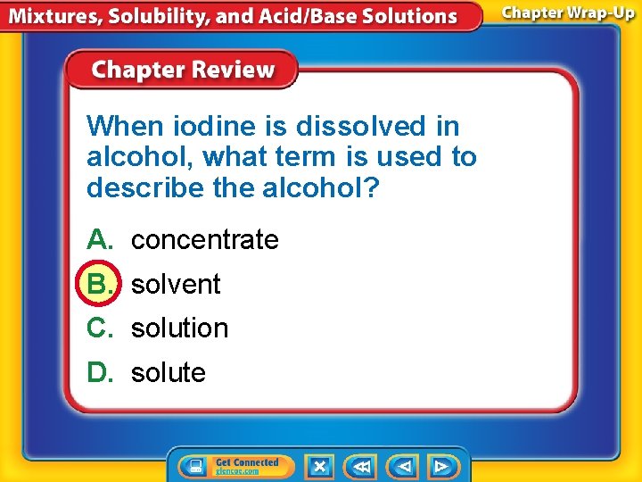 When iodine is dissolved in alcohol, what term is used to describe the alcohol?