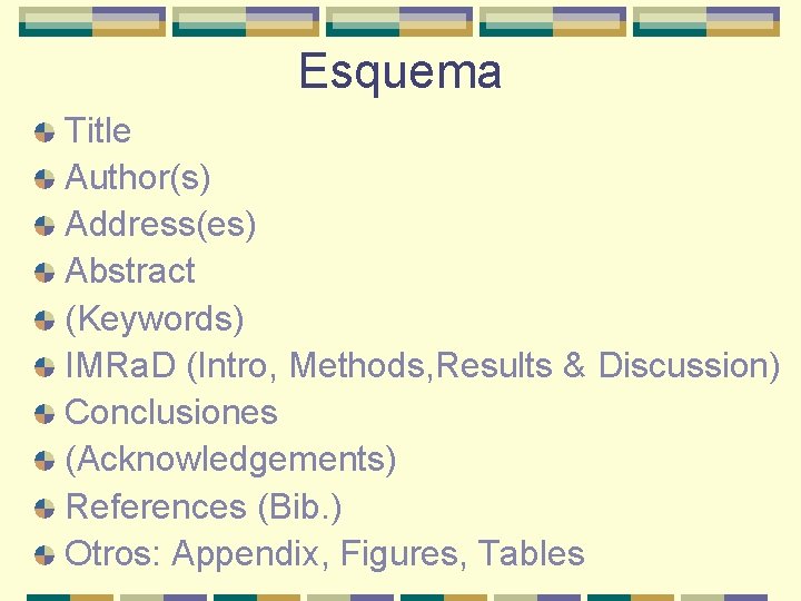 Esquema Title Author(s) Address(es) Abstract (Keywords) IMRa. D (Intro, Methods, Results & Discussion) Conclusiones