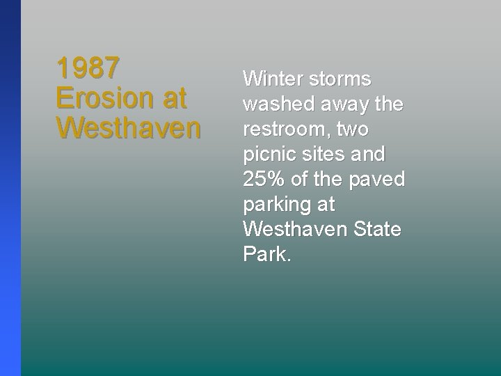 1987 Erosion at Westhaven Winter storms washed away the restroom, two picnic sites and