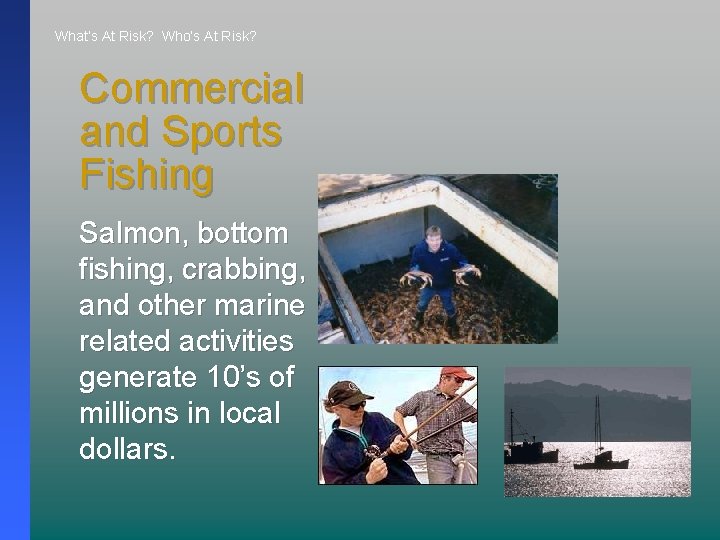 What’s At Risk? Who’s At Risk? Commercial and Sports Fishing Salmon, bottom fishing, crabbing,