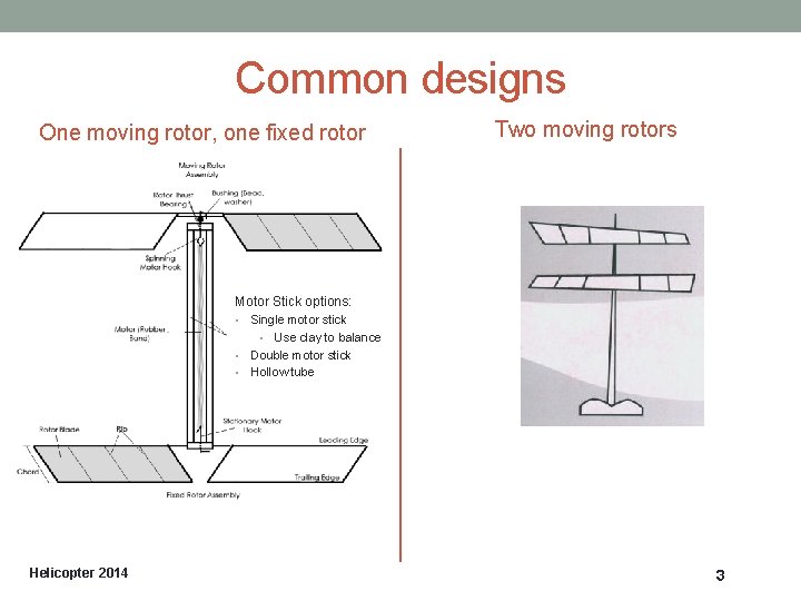 Common designs One moving rotor, one fixed rotor Two moving rotors Motor Stick options: