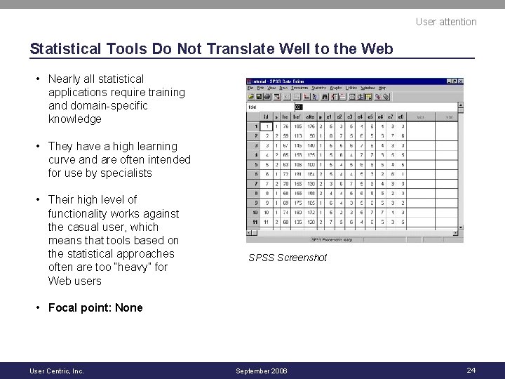 User attention Statistical Tools Do Not Translate Well to the Web • Nearly all
