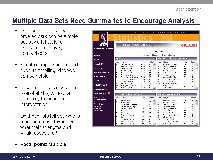 User attention Multiple Data Sets Need Summaries to Encourage Analysis • Data sets that