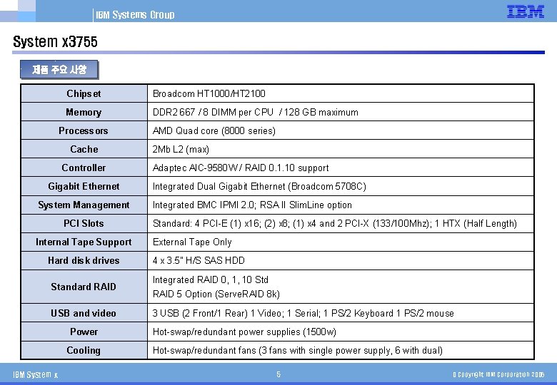 IBM Systems Group System x 3755 제품 주요 사양 Chipset Broadcom HT 1000/HT 2100