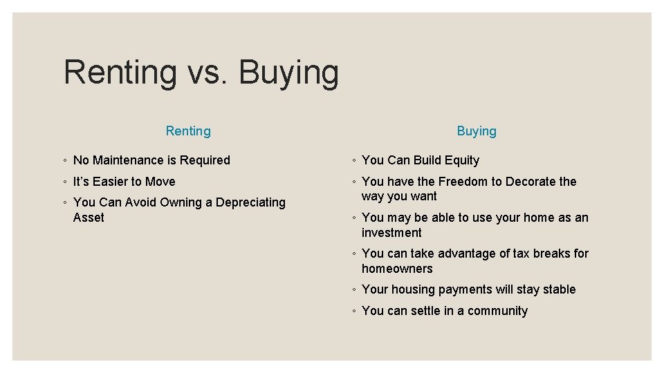 Renting vs. Buying Renting Buying ◦ No Maintenance is Required ◦ You Can Build