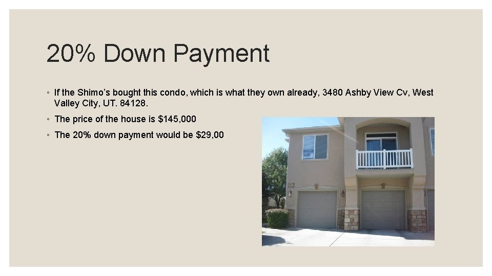 20% Down Payment ◦ If the Shimo’s bought this condo, which is what they