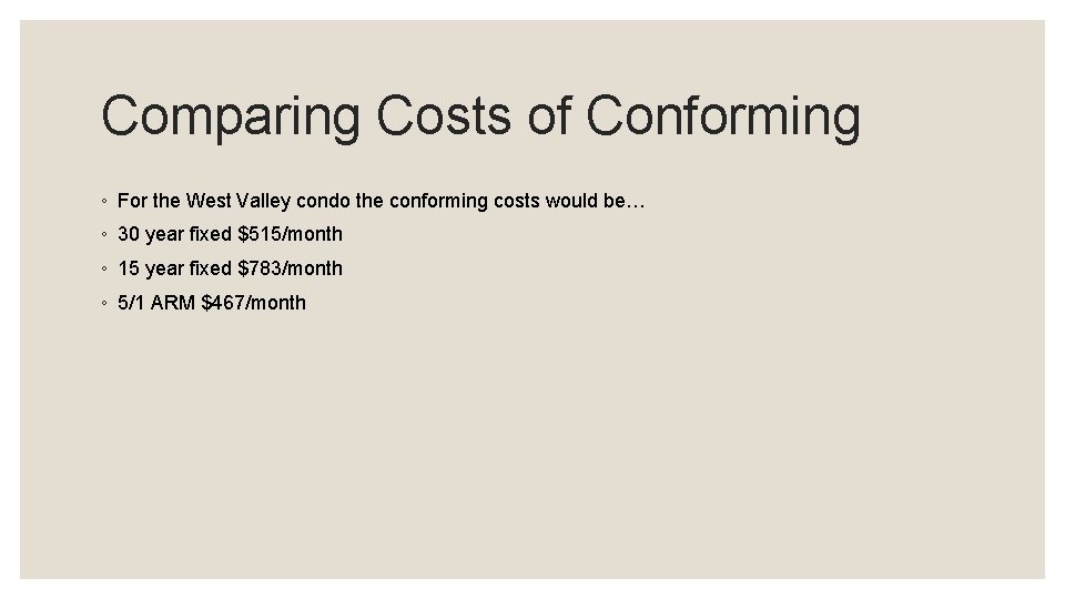 Comparing Costs of Conforming ◦ For the West Valley condo the conforming costs would