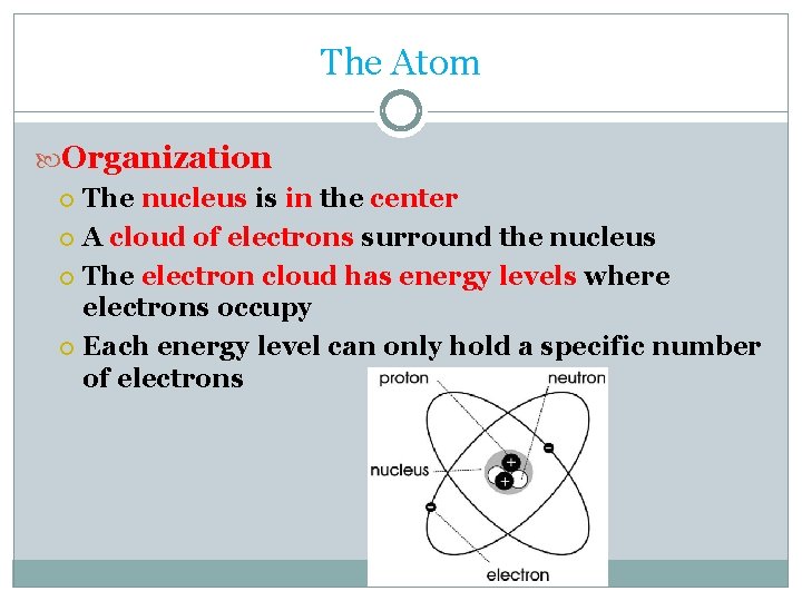 The Atom Organization The nucleus is in the center A cloud of electrons surround