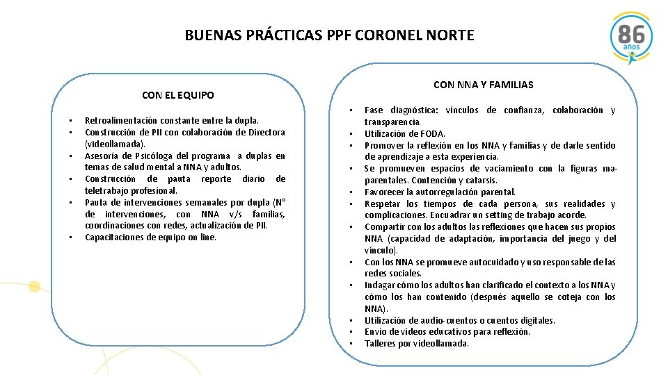 BUENAS PRÁCTICAS PPF CORONEL NORTE CON NNA Y FAMILIAS CON EL EQUIPO • •