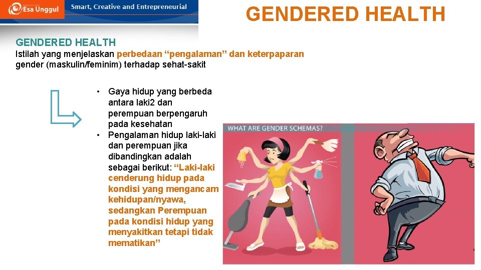 GENDERED HEALTH Istilah yang menjelaskan perbedaan “pengalaman” dan keterpaparan gender (maskulin/feminim) terhadap sehat-sakit • GENDERED HEALTH Istilah yang menjelaskan perbedaan “pengalaman” dan keterpaparan gender (maskulin/feminim) terhadap sehat-sakit •
