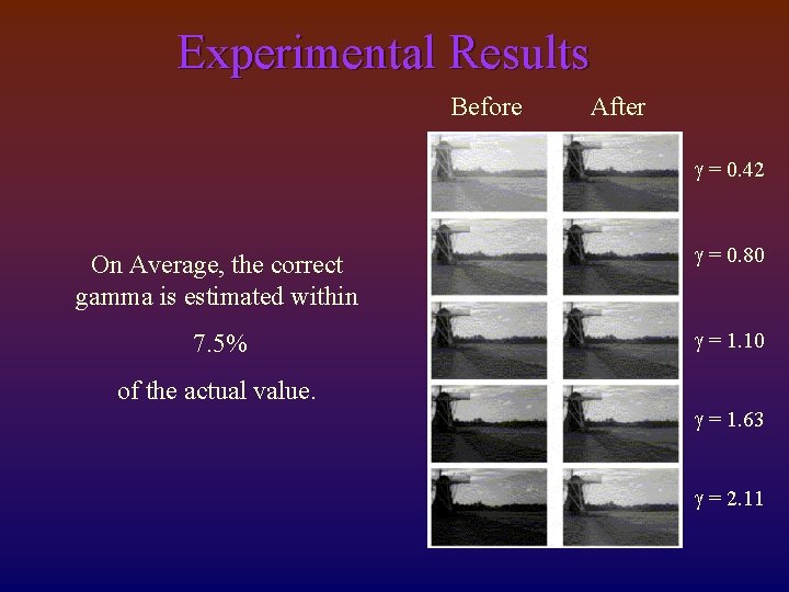 Experimental Results Before After g = 0. 42 On Average, the correct gamma is