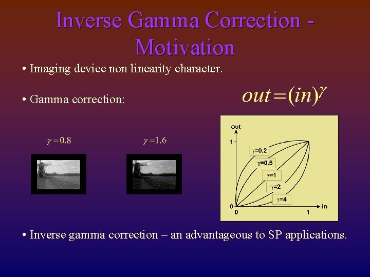 Inverse Gamma Correction Motivation • Imaging device non linearity character. • Gamma correction: •