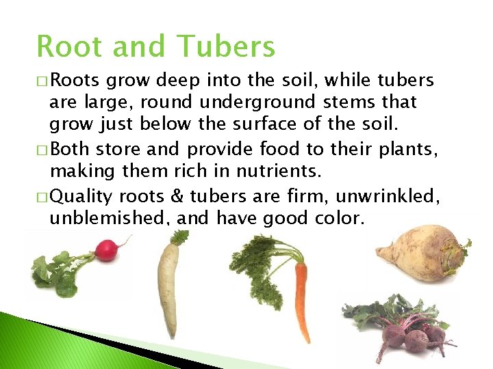 Root and Tubers � Roots grow deep into the soil, while tubers are large,