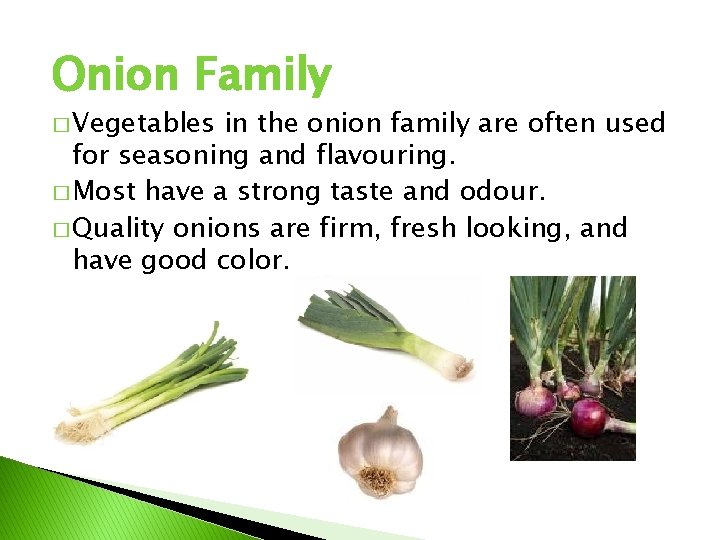 Onion Family � Vegetables in the onion family are often used for seasoning and