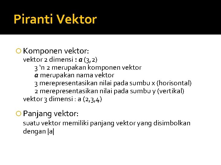 Piranti Vektor Komponen vektor: vektor 2 dimensi : a (3, 2) 3 ‘n 2