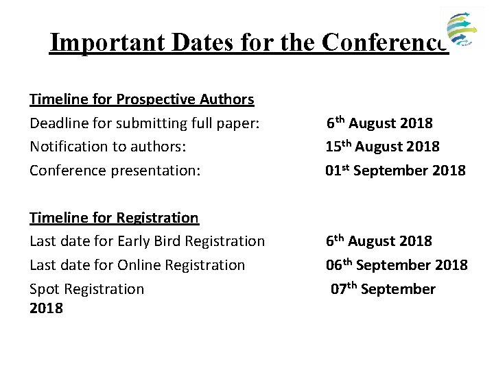 Important Dates for the Conference Timeline for Prospective Authors Deadline for submitting full paper: