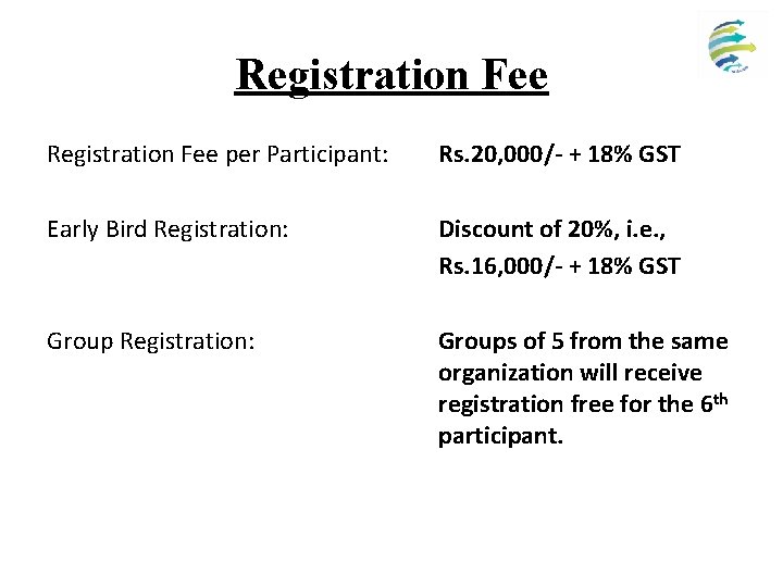 Registration Fee per Participant: Rs. 20, 000/- + 18% GST Early Bird Registration: Discount