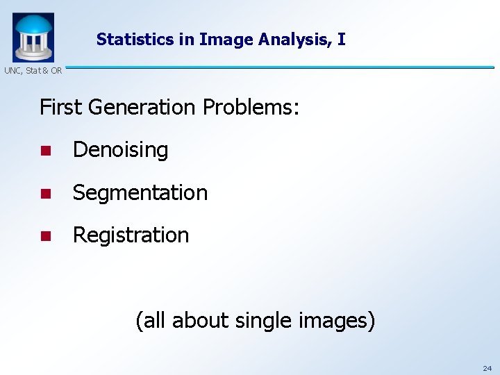Statistics in Image Analysis, I UNC, Stat & OR First Generation Problems: n Denoising