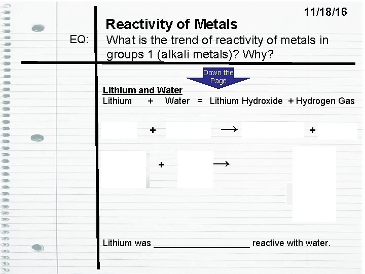 Reactivity of Metals EQ: 11/18/16 What is the trend of reactivity of metals in Reactivity of Metals EQ: 11/18/16 What is the trend of reactivity of metals in
