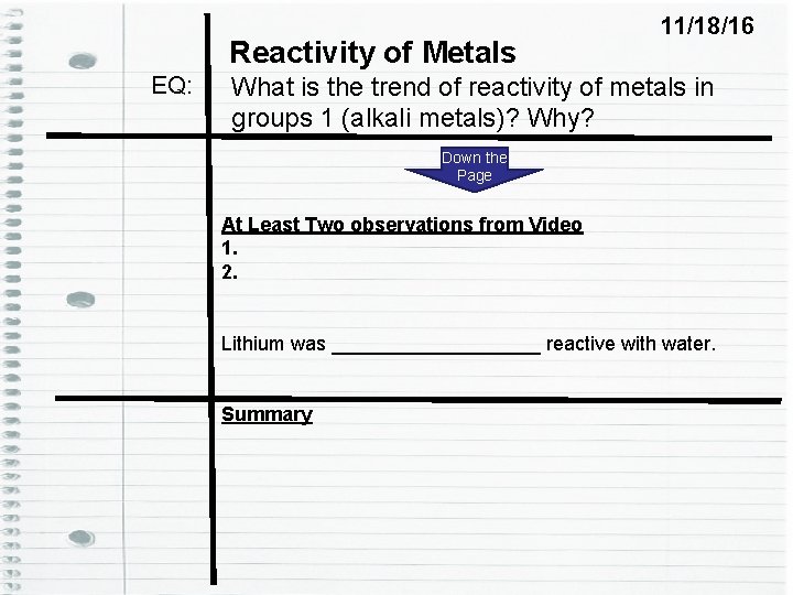 Reactivity of Metals EQ: 11/18/16 What is the trend of reactivity of metals in Reactivity of Metals EQ: 11/18/16 What is the trend of reactivity of metals in